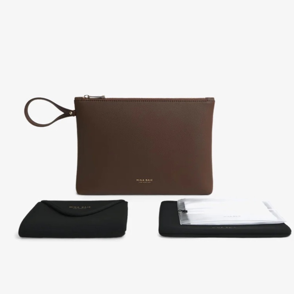 Mina Baie Brown Vegan Leather Clutch Diaper Changing Kit NWOT